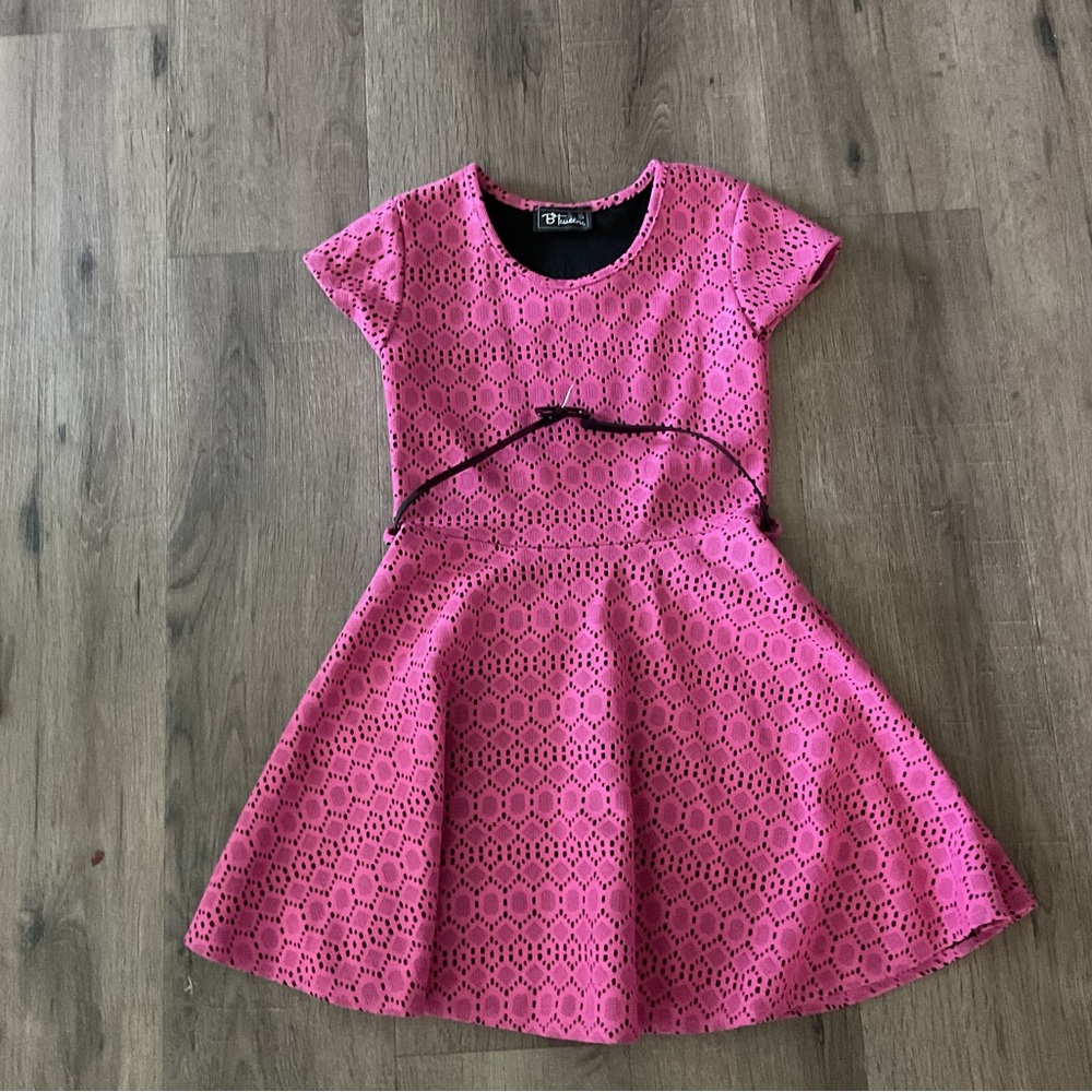 Pink Fit and Flare Casual Dress with Crew Neck